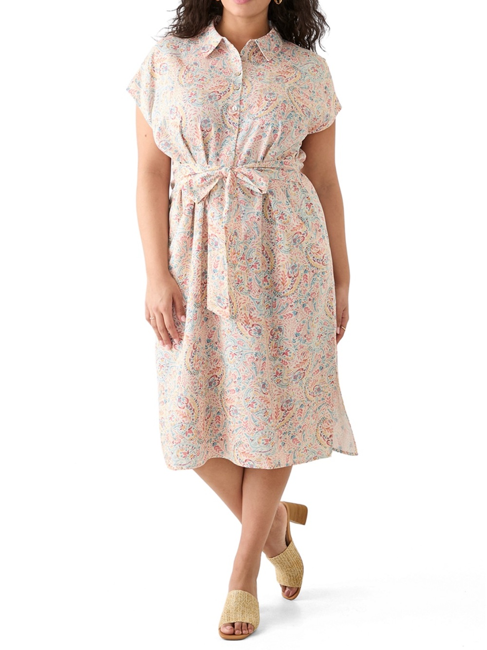 Lucky Brand Plus Size 1X Linen Blend Paisley Button-Front Tie-Waist Midi Dress